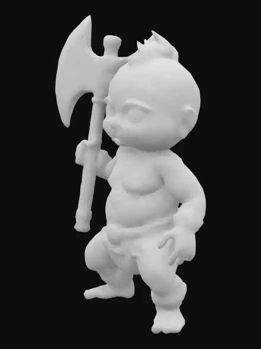3D model for #game figure#,A Baby in nappies,  with a large fierceful double headed  battle axe in Attack position.  The axe has runes on it. The axe has copper features.  Fantasy, Highly Detailed, Ultra Realistic, Symmetrical Body, Full Body, high quality