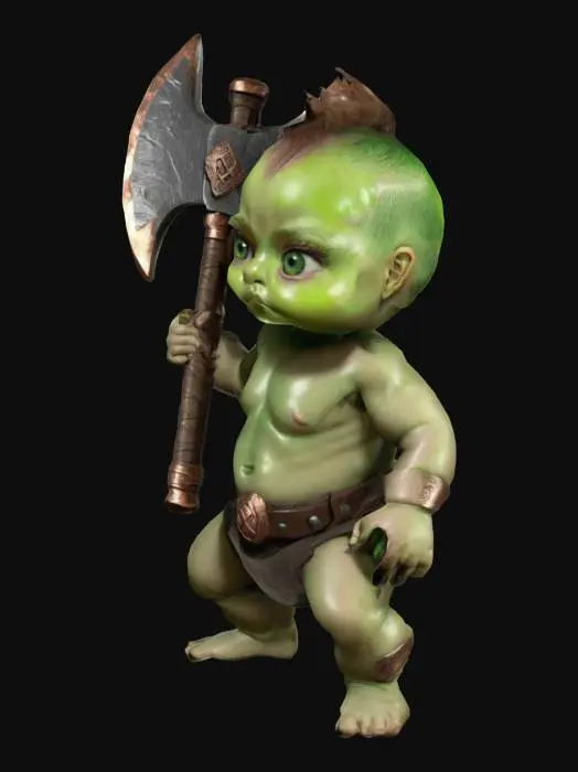3D model for #game figure#,A Baby in nappies,  with a large fierceful double headed  battle axe in Attack position.  The axe has runes on it. The axe has copper features.  Fantasy, Highly Detailed, Ultra Realistic, Symmetrical Body, Full Body, high quality