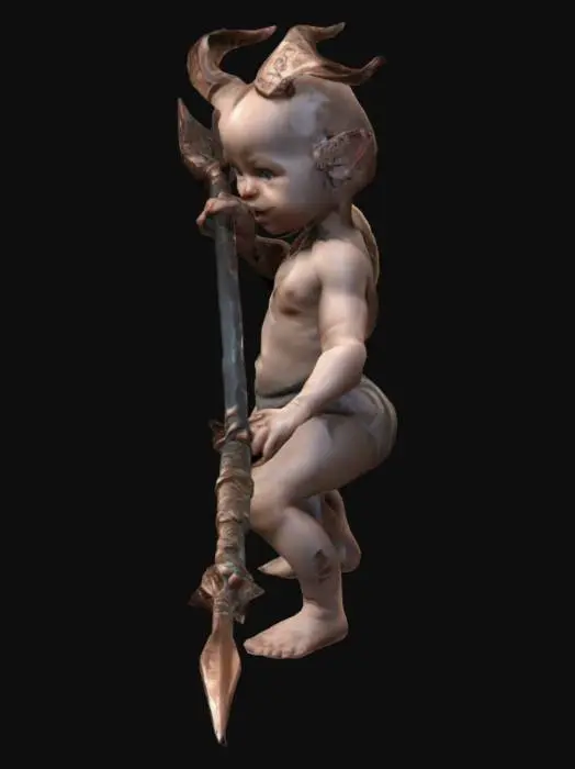 3D model for #game figure# A fierceful Baby in nappies,  with a long fantasy spear with double blades, in Attack position.  The halbert has runes on it. The halbert has copper features.  Fantasy, Highly Detailed, Ultra Realistic, Symmetrical Body, Full Body, high quality