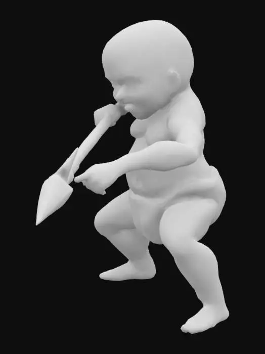 3D model for #game figure# A fierceful Baby in nappies,  with a long fantasy spear with double blades, in Attack position.  The halbert has runes on it. The halbert has copper features.  Fantasy, Highly Detailed, Ultra Realistic, Symmetrical Body, Full Body, high quality
