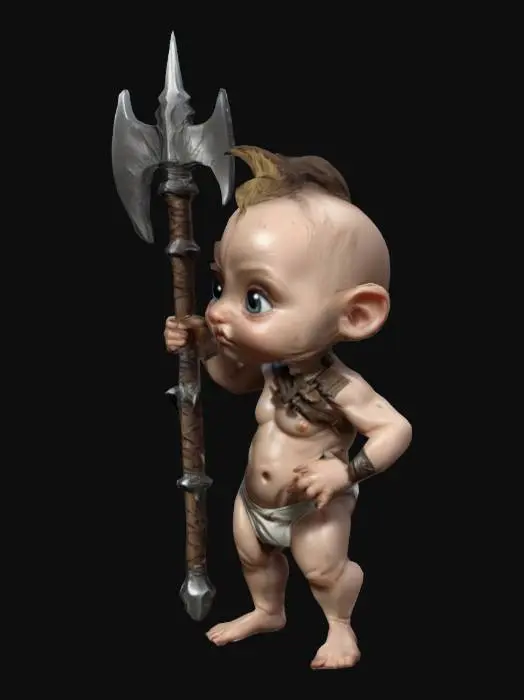 3D model for #game figure# A fierceful Baby in nappies,  with a Halbert, three time the lenght of the baby, in Attack position.  The halbert has runes on it. The halbert has copper features.  Fantasy, Highly Detailed, Ultra Realistic, Symmetrical Body, Full Body, high quality