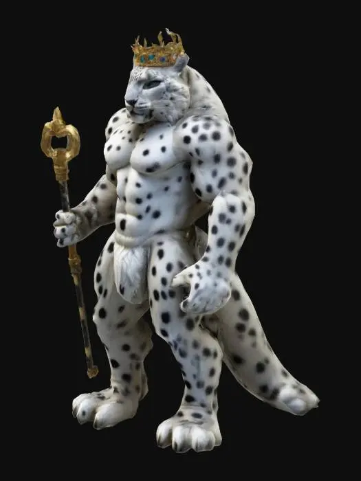 3D model for #game figure#, Extreme Muscular , Smooth, highly detailed, anthropomorphic snow leopard +lion+lynx+cougar+jaguar  bodybuilder, wearing a crown and scepter