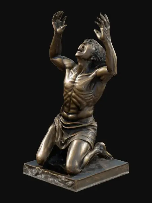 3D model for Create a Full Body, Highly Detailed, Ultra Realistic, bronze statue of a desparate person on his knees, screaming to heaven, mouth wide open.  Arms raised to heaven, hands open. 