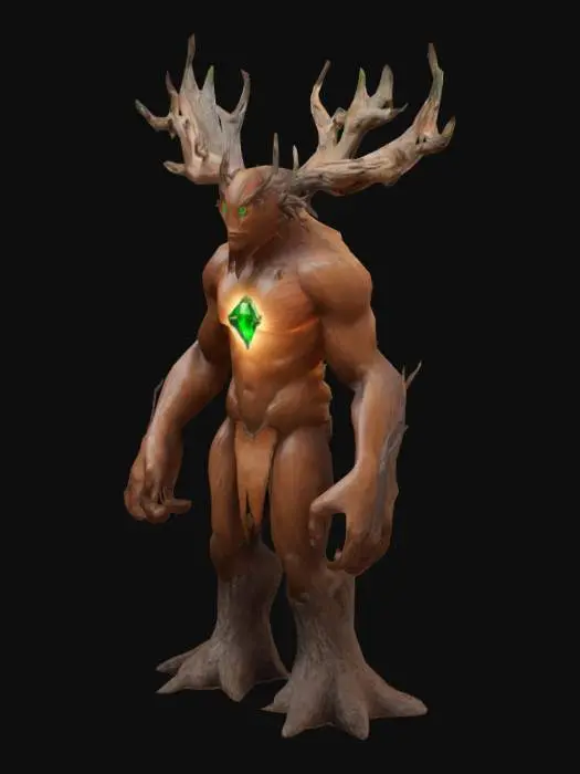 3D model for A, Fantasy, Symmetrical Body, Full Body, Highly Detailed treant Guardian, stands tall, his eyes extreme glowing. One big shining gem in the chest. His feet are rooty.
A-pose. No loose parts.