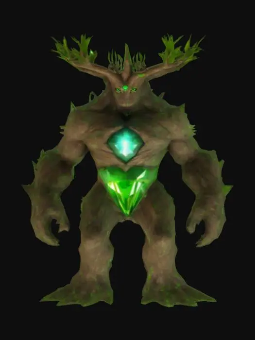 3D model for A, Fantasy, Symmetrical Body, Full Body, Highly Detailed treant Guardian, stands tall, his eyes extreme glowing. One big shining gem in the chest. His feet are rooty.
A-pose. No loose parts.