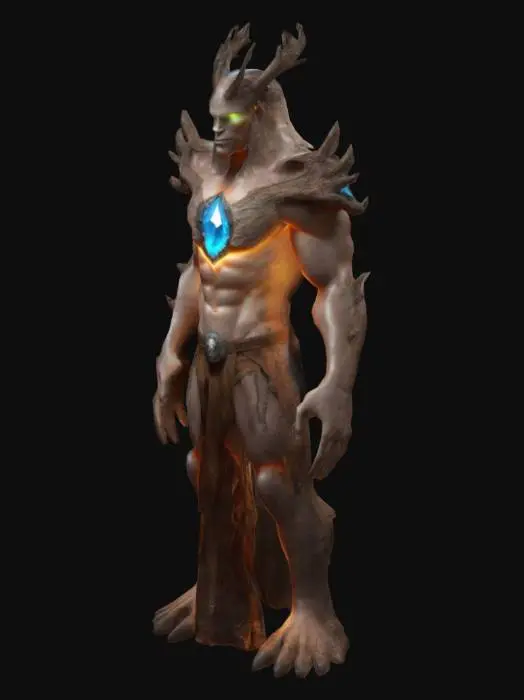 3D model for A, Fantasy, Symmetrical Body, Full Body, Highly Detailed treant Guardian, stands tall, his eyes extreme glowing. One big shining gem in the chest. His feet are rooty.
A-pose. No loose parts.