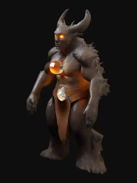 3D model for A, Fantasy, Symmetrical Body, Full Body, Highly Detailed treant Guardian, stands tall, his eyes extreme glowing. One big shining gem in the chest. His feet are rooty.
A-pose. No loose parts.