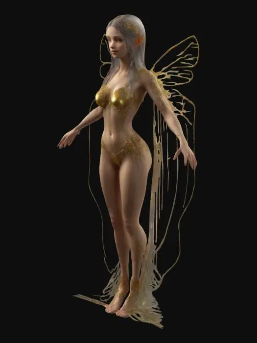 3D model for Make, a Fantasy, Highly Detailed, Ultra Realistic, Gentle, random fairy character, With transparent features, a mystic look. , A-pose, Full Body, Symmetrical Body, 
