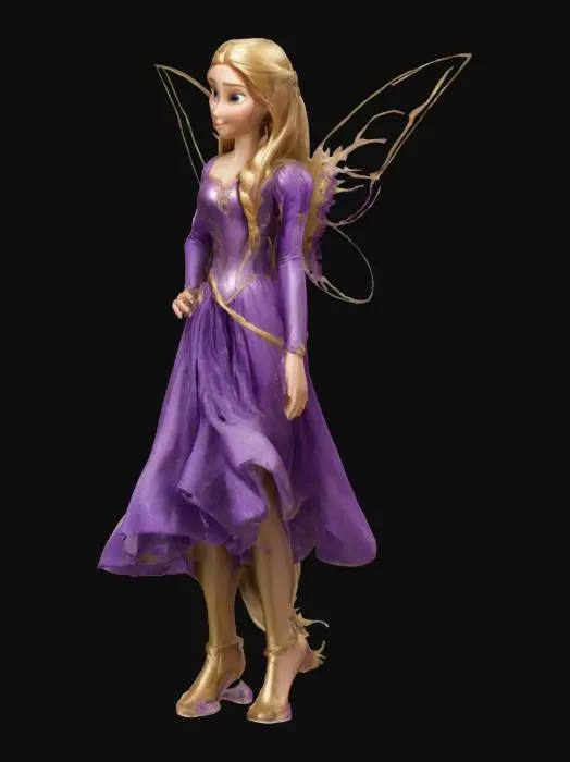 3D model for #Fairy# , Rapunzel features long, flowing shiny golden hair, a determined expression, and is wearing a flowing purple dress, with smooth textures and lively, dynamic postures.