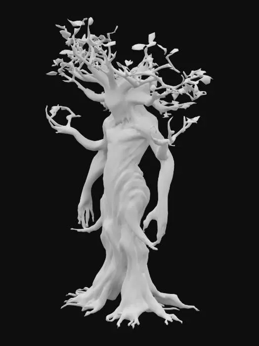 3D model for #fairy#, Stylized, Highly Detailed, Organic, The object is a large humanoid tree creature with a textured, bark-like surface, sprawling roots , branch-like arms and legs, and a leafy canopy for a head. , Full Body, Symmetrical Body