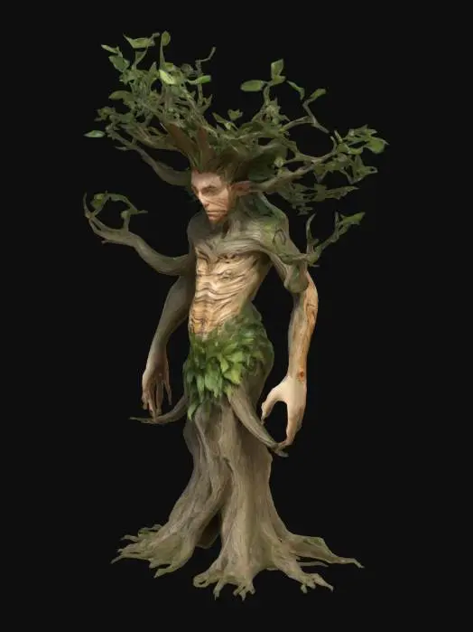 3D model for #fairy#, Stylized, Highly Detailed, Organic, The object is a large humanoid tree creature with a textured, bark-like surface, sprawling roots , branch-like arms and legs, and a leafy canopy for a head. , Full Body, Symmetrical Body