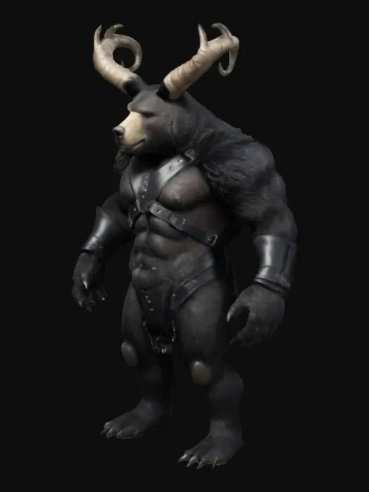 3D model for The object is a muscular anthropomorphic centaurlike bear standing on four muscular legs and two muscular arms, characterized by a robust, rounded form, wearing black leather harnesses, with a textured furry fur pattern that emphasizes volume and strength. , #fairy#