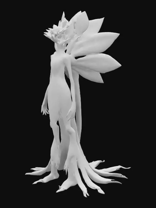 3D model for Extreme etherical flower antropomorphic creature, Stylized, Highly Detailed, Symmetrical Body