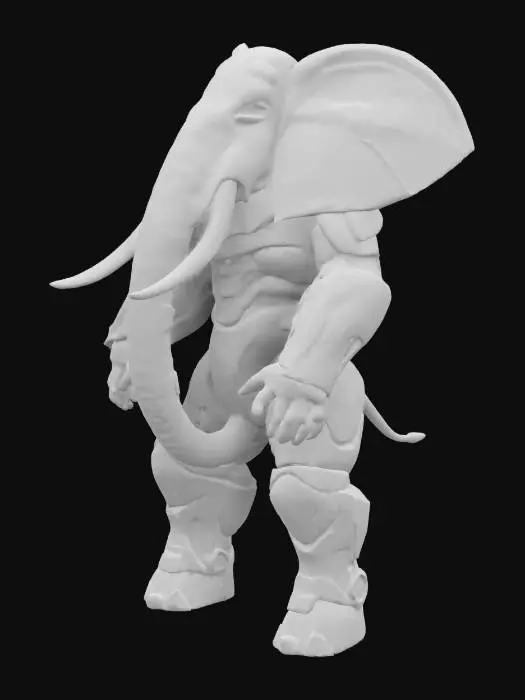 3D model for Fantasy, sci-fi,  extreme, ultra Muscular  elephant, biped, anthromorphic, one head, two arms and two legs Very high quality, Highly Detailed. Wearing a fitting Pacific Rim-like shiny and polished Armor witout the mask, Fight poses. The textures are from all sides , Highly Detailed, Ultra Realistic, pay extra attention to the body sides and the inside of the arm and legs.