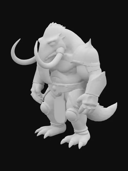 3D model for Fantasy,  Create a Highly Detailed, Ultra Realistic, antropomorphic fusion between an ultra muscular T-Rex and  a mammoth with a shiny mandelorian-like armour, Full Body, Symmetrical Body, Battle Pose, 
