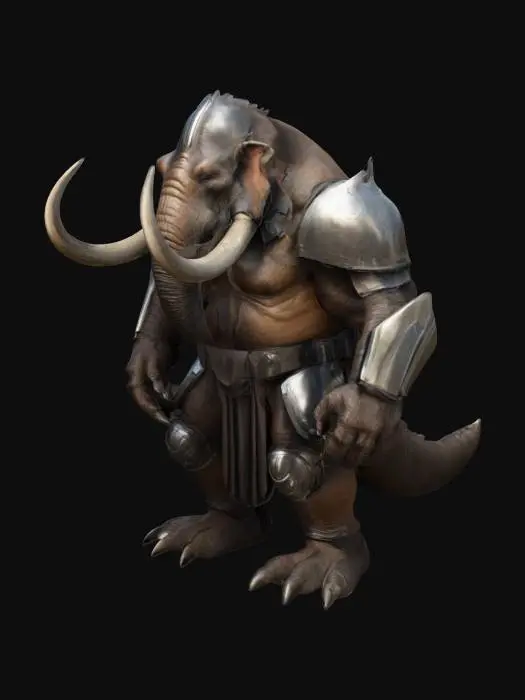 3D model for Fantasy,  Create a Highly Detailed, Ultra Realistic, antropomorphic fusion between an ultra muscular T-Rex and  a mammoth with a shiny mandelorian-like armour, Full Body, Symmetrical Body, Battle Pose, 
