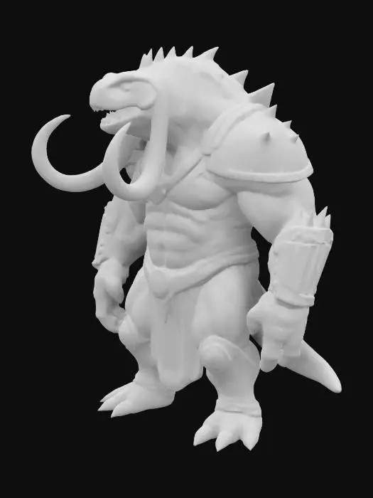 3D model for Fantasy,  Create a Highly Detailed, Ultra Realistic, antropomorphic fusion between an ultra muscular T-Rex and  a mammoth with a shiny mandelorian-like armour, Full Body, Symmetrical Body, Battle Pose, 

