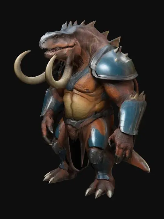 3D model for Fantasy,  Create a Highly Detailed, Ultra Realistic, antropomorphic fusion between an ultra muscular T-Rex and  a mammoth with a shiny mandelorian-like armour, Full Body, Symmetrical Body, Battle Pose, 
