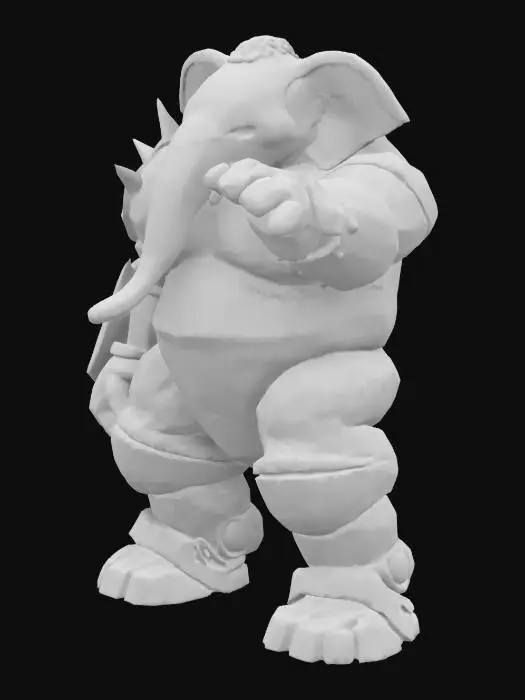 3D model for Fantasy, sci-fi,  extreme, ultra Muscular  elephant, biped, anthromorphic, one head, two arms and two legs Very high quality, Highly Detailed. Wearing a fitting Pacific Rim-like shiny and polished Armor witout the mask, Fight poses. The textures are from all sides , Highly Detailed, Ultra Realistic, pay extra attention to the body sides and the inside of the arm and legs.