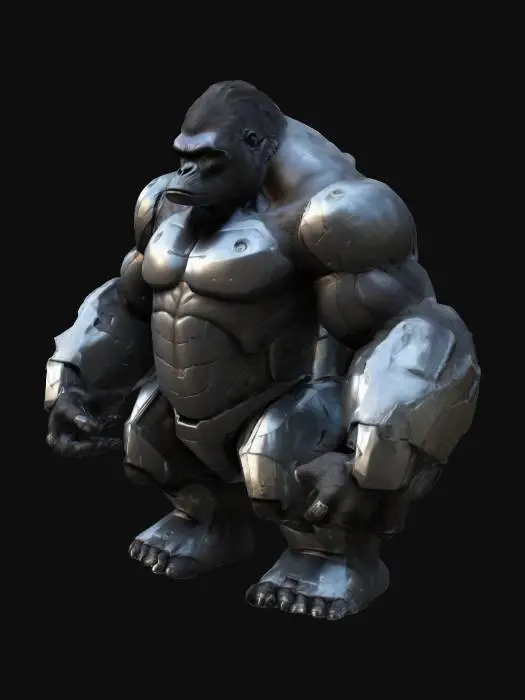 3D model for Fantasy, sci-fi,  ultra Muscular elephant or  crockodile or gorilla, biped, anthromorphic, one head, two arms and two legs Very high quality, Highly Detailed. Wearing a fitting Iron man-like shiny and polished Armor without the mask, Fight poses. The textures are from all sides , Highly Detailed, Ultra Realistic, pay extra attention to the body sides and the inside of the arm and legs.