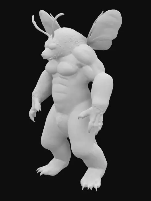 3D model for The object is a menacing, humanoid creature with the fused characteristics  of an insect and a bear, featuring a  extreme muscular build, distinctive wasp-like coloration, translucent wings, luminescent eyes, and a textured, furry exoskeleton.