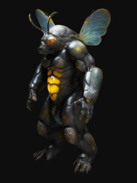 3D model for The object is a menacing, humanoid creature with the fused characteristics  of an insect and a bear, featuring a  extreme muscular build, distinctive wasp-like coloration, translucent wings, luminescent eyes, and a textured, furry exoskeleton.