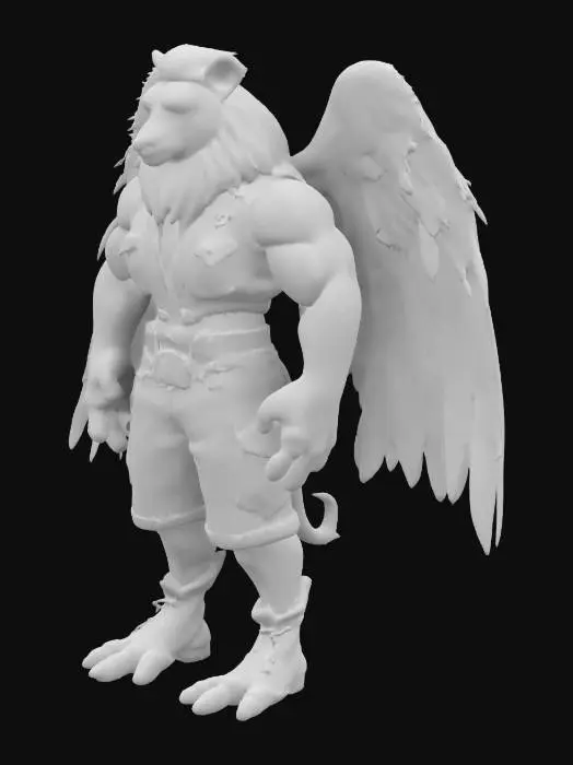 3D model for Humanoid Fusion between a condor and a lion and a T-rex all extreme muscular. Wearing a jeans outfit.  Extreme high quality