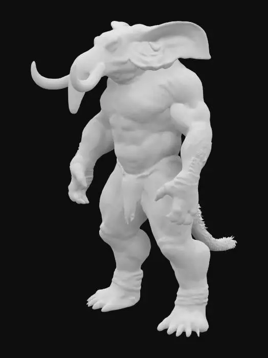 3D model for Humanoid Fusion between a Rhino and an elephant and a crocodile all extreme muscular . Color or greenish, greyish or blue-ish, Extreme high quality