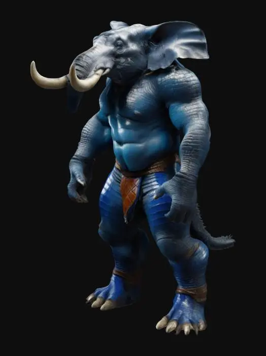 3D model for Humanoid Fusion between a Rhino and an elephant and a crocodile all extreme muscular . Color or greenish, greyish or blue-ish, Extreme high quality