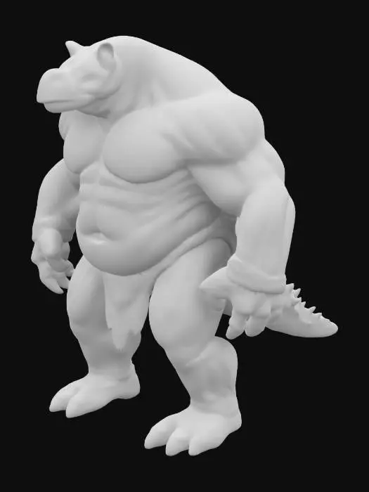 3D model for Humanoid Fusion between a Rhino and an elephant and a crocodile all extreme muscular . Color or greenish, greyish or blue-ish, Extreme high quality