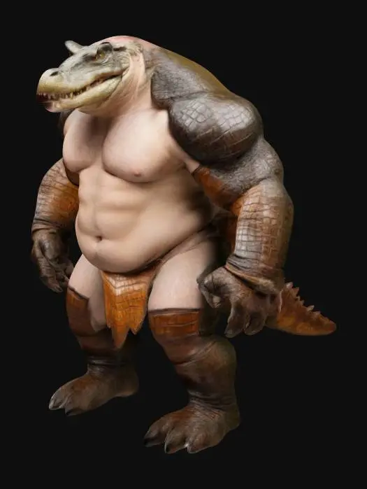 3D model for Humanoid Fusion between a Rhino and an elephant and a crocodile all extreme muscular . Color or greenish, greyish or blue-ish, Extreme high quality