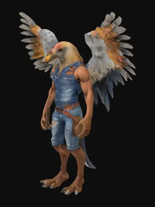 3D model for Humanoid Fusion between a condor and a lion and a T-rex all extreme muscular. Wearing a jeans outfit.  Extreme high quality