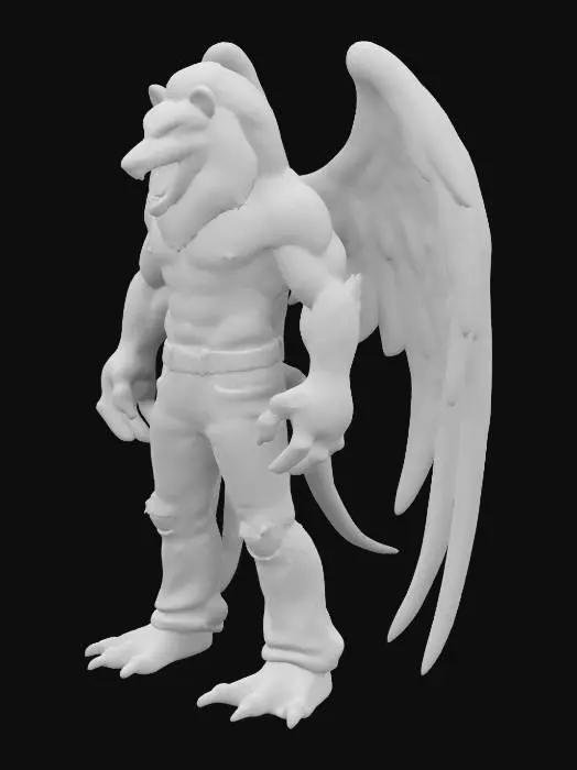 3D model for Humanoid Fusion between a condor and a lion and a T-rex all extreme muscular. Wearing a jeans outfit.  Extreme high quality