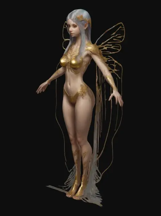 3D model for Make, a Fantasy, Highly Detailed, Ultra Realistic, Gentle, random fairy character, With transparent features, a mystic look. , A-pose, Full Body, Symmetrical Body, 
