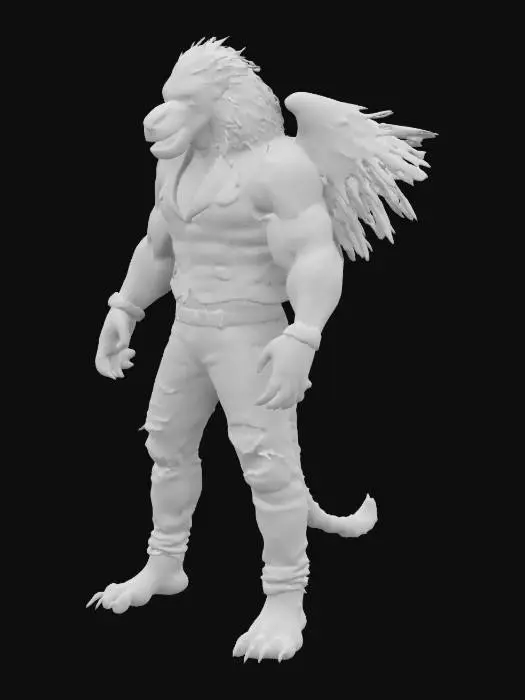 3D model for Humanoid Fusion between a condor and a lion and a T-rex all extreme muscular. Wearing a jeans outfit.  Extreme high quality