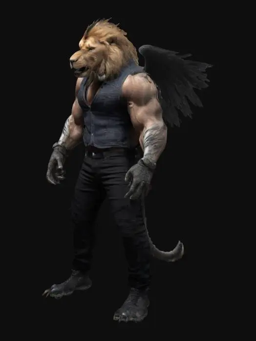 3D model for Humanoid Fusion between a condor and a lion and a T-rex all extreme muscular. Wearing a jeans outfit.  Extreme high quality