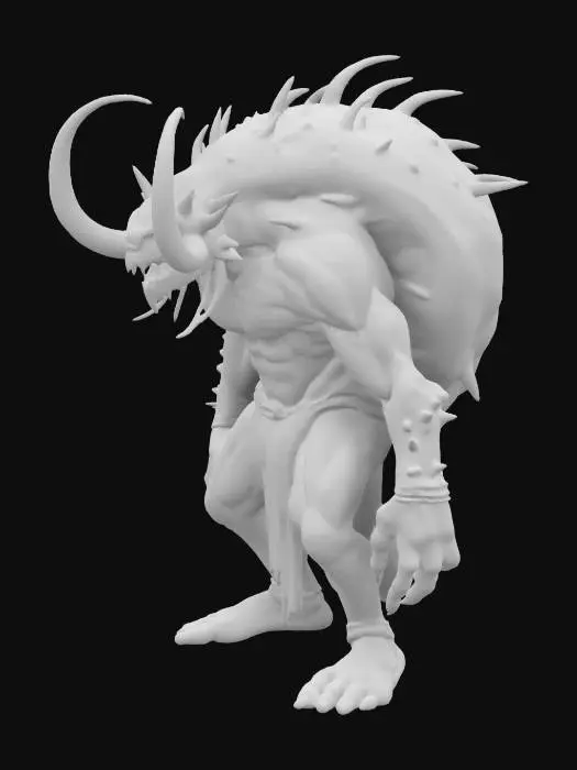 3D model for Fantasy, Highly Detailed, Ultra Realistic, Full Body, Symmetrical Body, Battle Pose. The object resembles a fantastical creature with an human-like body, a coiled, spiral shell, intricate textures blending smooth, extreme muscular skin with spiky protrusions, and prominent tusks and antennae. 