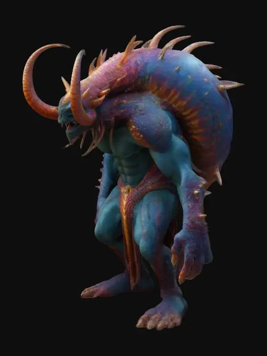 3D model for Fantasy, Highly Detailed, Ultra Realistic, Full Body, Symmetrical Body, Battle Pose. The object resembles a fantastical creature with an human-like body, a coiled, spiral shell, intricate textures blending smooth, extreme muscular skin with spiky protrusions, and prominent tusks and antennae. 
