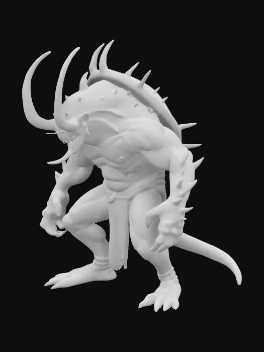 3D model for Fantasy, Highly Detailed, Ultra Realistic, Full Body, Symmetrical Body, Battle Pose. The object resembles a fantastical creature with an human-like body, a coiled, spiral shell, intricate textures blending smooth, extreme muscular skin with spiky protrusions, and prominent tusks and antennae. 