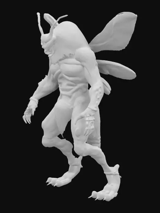 3D model for The object is a menacing, humanoid creature with the fused characteristics  of an insect and a bear, featuring a  extreme muscular build, distinctive wasp-like coloration, translucent wings, luminescent eyes, and a textured, furry exoskeleton.