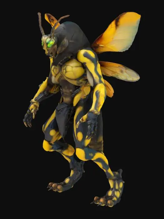 3D model for The object is a menacing, humanoid creature with the fused characteristics  of an insect and a bear, featuring a  extreme muscular build, distinctive wasp-like coloration, translucent wings, luminescent eyes, and a textured, furry exoskeleton.