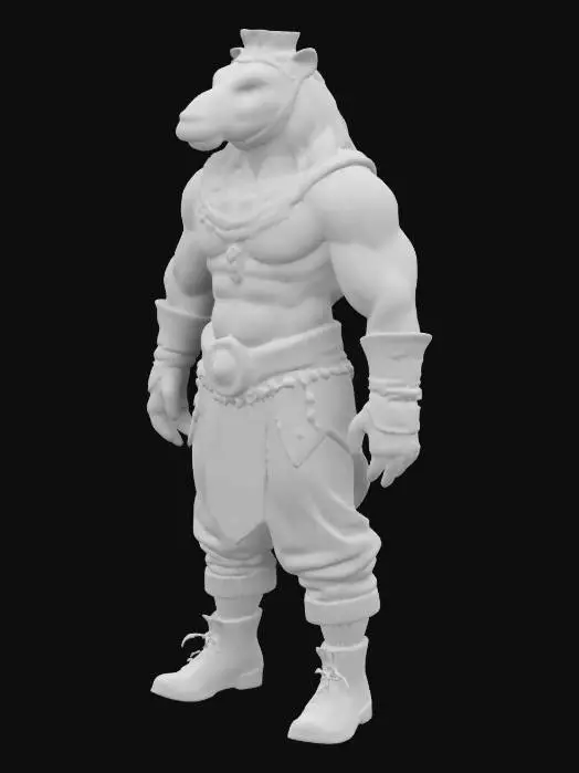 3D model for A powerful creature with the muscular body of a human and the head of a camel. It wears a crown adorned with gemstones, detailed metallic jewelry, and a belt,