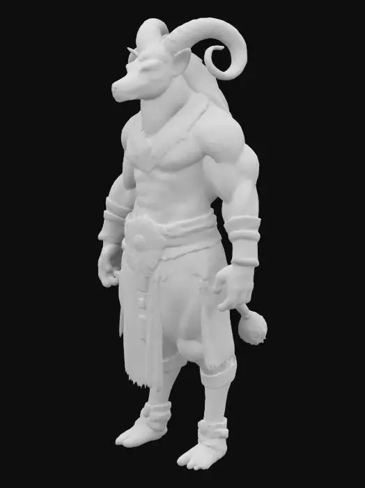 3D model for A powerful creature with the muscular body of a human and the head of a camel. It wears a crown adorned with gemstones, detailed metallic jewelry, and a belt,