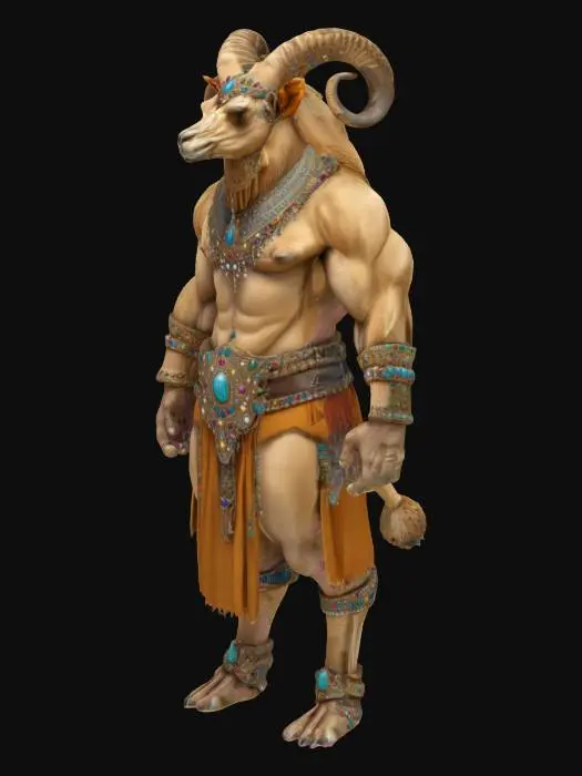 3D model for A powerful creature with the muscular body of a human and the head of a camel. It wears a crown adorned with gemstones, detailed metallic jewelry, and a belt,