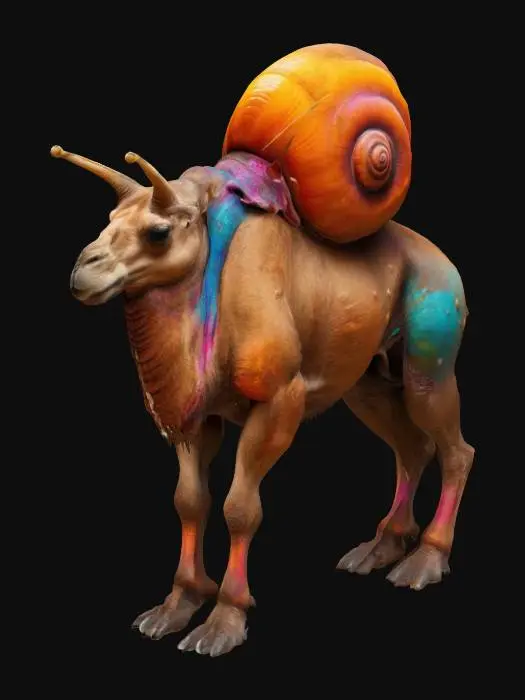 3D model for A powerful creature with the extrememuscular body of a humanoid camel and the head of a Snail. On its back it wears two snail shells instead of the humps. It has a extreme furred body.