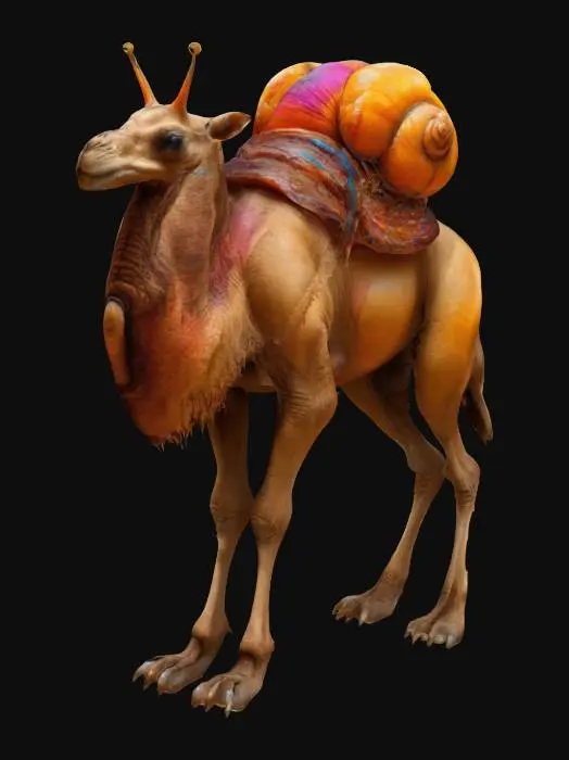 3D model for A powerful creature with the extrememuscular body of a humanoid camel and the head of a Snail. On its back it wears two snail shells instead of the humps. It has a extreme furred body.