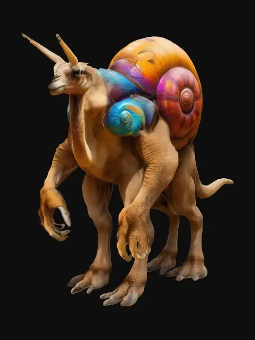3D model for A powerful creature with the extrememuscular body of a humanoid camel and the head of a Snail. On its back it wears two snail shells instead of the humps. It has a extreme furred body.