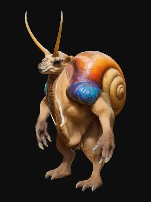3D model for A powerful creature with the extrememuscular body of a humanoid camel and the head of a Snail. On its back it wears two snail shells instead of the humps. It has a extreme furred body.
