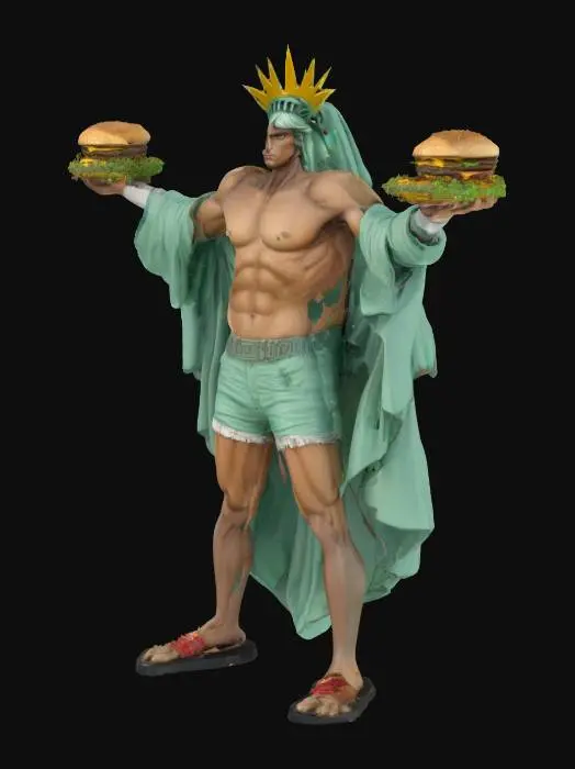 3D model for Fantasy, Highly Detailed, Full Body, A-pose, very musculair and smooth hybrid Humanoid  a randomized combination of an The statue of Liberty and MCDonald's