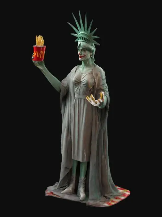 3D model for Fantasy, Highly Detailed, Full Body, A-pose, very musculair and smooth hybrid Humanoid  a randomized combination of an The statue of Liberty and MCDonald's